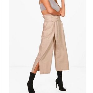 Woven paper bag waist wide leg culottes